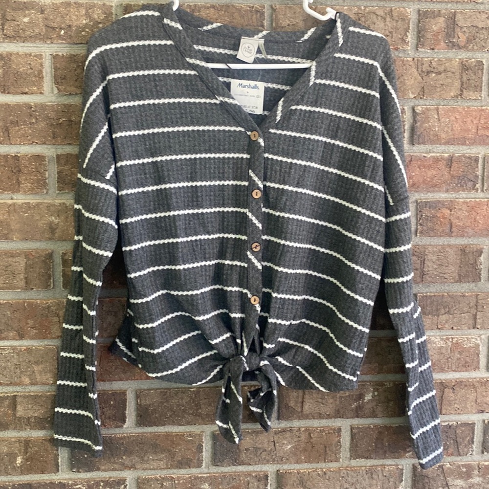 - Striped nwt grey button up and tied shirt